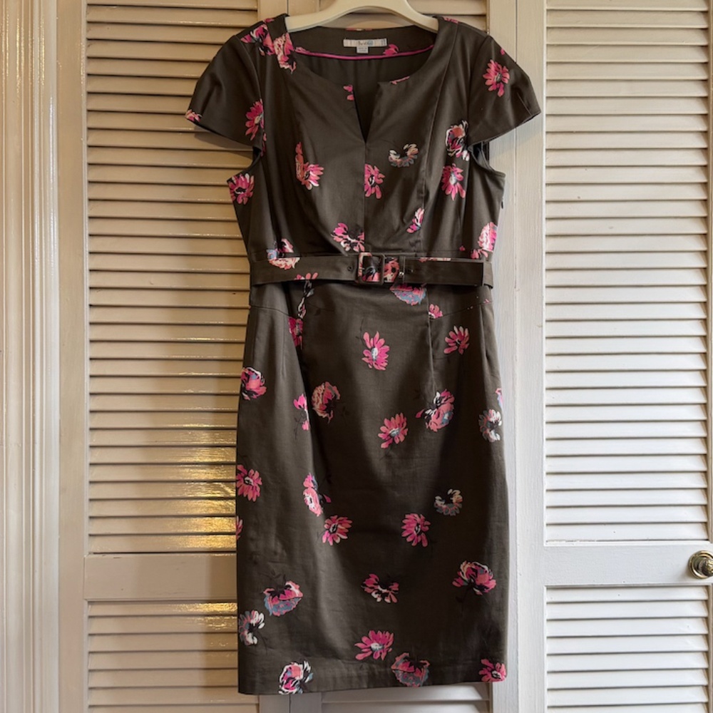Boden olive green and pink floral pencil dress with cap sleeves 12R